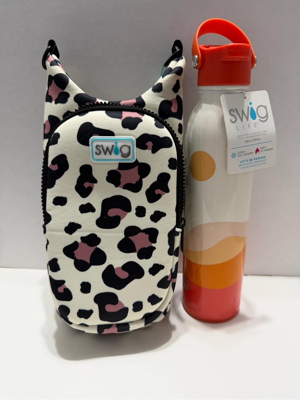 Swig Life 'Boho' Set Insulated Water Bottle White / Coral with Leopard Sling Bag